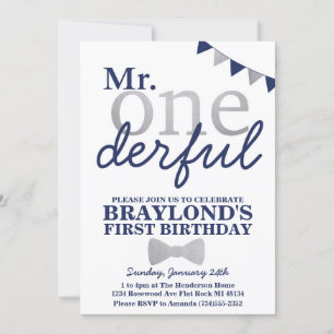 Mr Onederful Birthday Invitation (navy & silver)