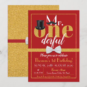 Mr. Onederful Birthday Invitation Red & Gold