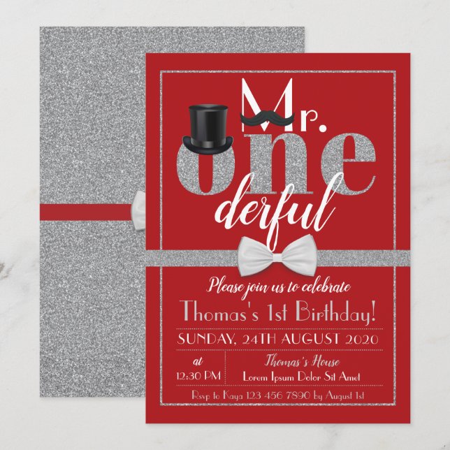 Mr. Onederful Birthday Invitation Red & Silver (Front/Back)