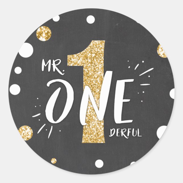 Mr Onederful Birthday Sticker Boy Black Gold (Front)