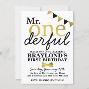 Mr Onederful Black and Gold Birthday Invitation