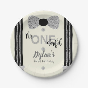 Mr Onederful black and silver bow tie Paper Plate