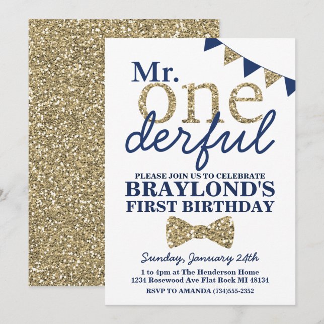 Mr Onederful Blue and Gold First Birthday Invitati Invitation (Front/Back)