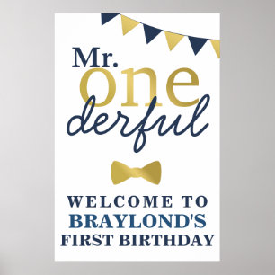 Mr Onederful Blue and Gold First Birthday Welcome Poster