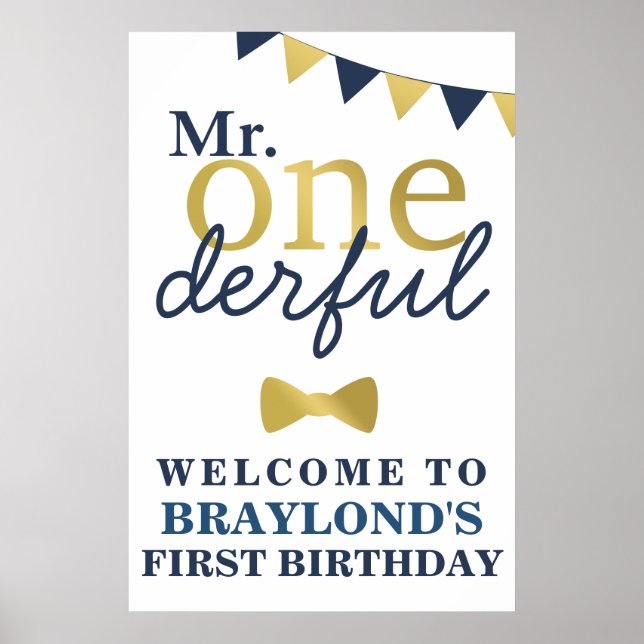Mr Onederful Blue and Gold First Birthday Welcome Poster (Front)