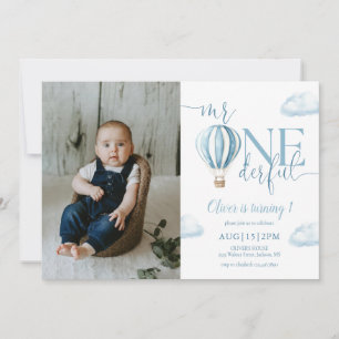 Mr Onederful Blue Balloon Boy Photo 1st Birthday Invitation