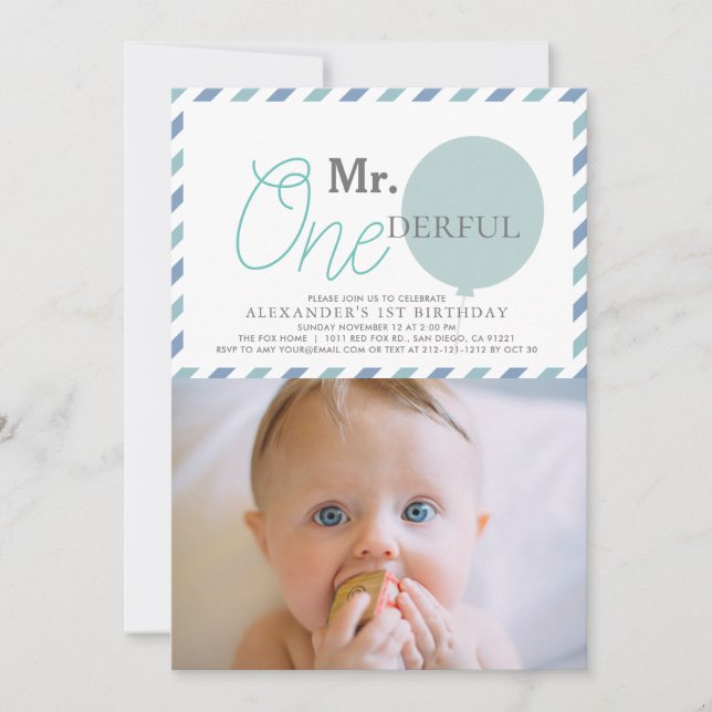 Mr. ONEderful Blue Balloon Photo 1st Birthday Invitation (Front)