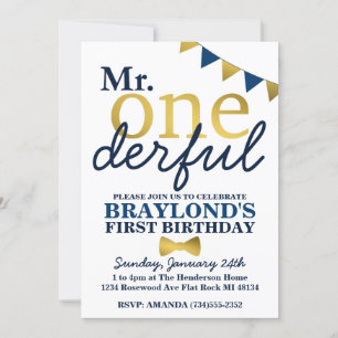 Mr Onederful Blue & Gold 1st Birthday Invitation
