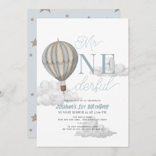 Mr. Onederful Blue Hot Air Balloon 1st Birthday Invitation