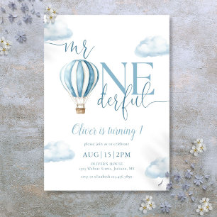 Mr Onederful Blue Hot Air Balloon Boy 1st Birthday Invitation