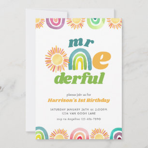 Mr ONEderful Boho First Birthday Rainbow Invitation