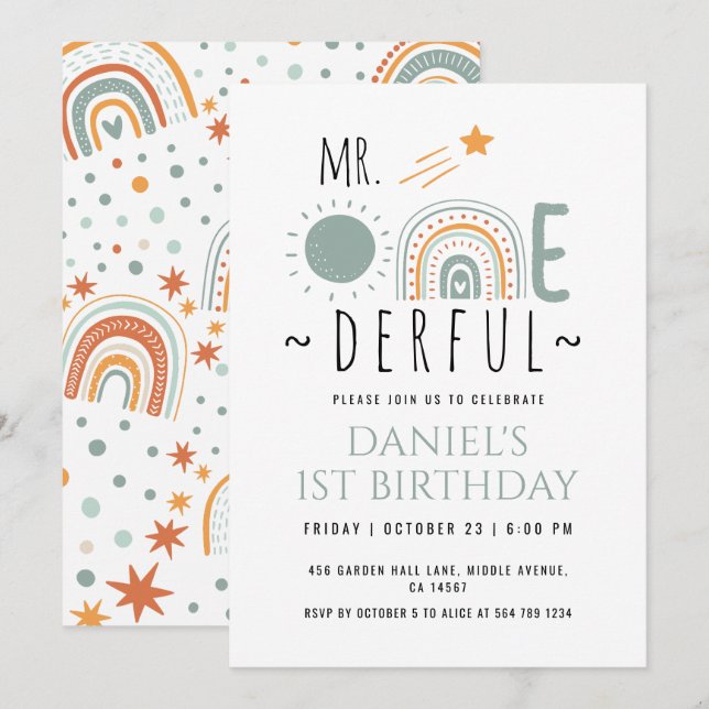 MR Onederful Boho Rainbow First Birthday Boy Invitation (Front/Back)