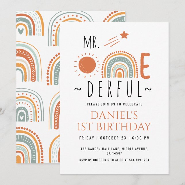 MR Onederful Boho Rainbow First Birthday Boy Invitation (Front/Back)
