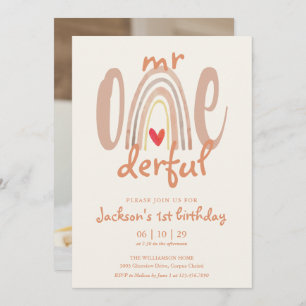 Mr Onederful Boho Rainbow Heart Photo 1st Birthday Invitation