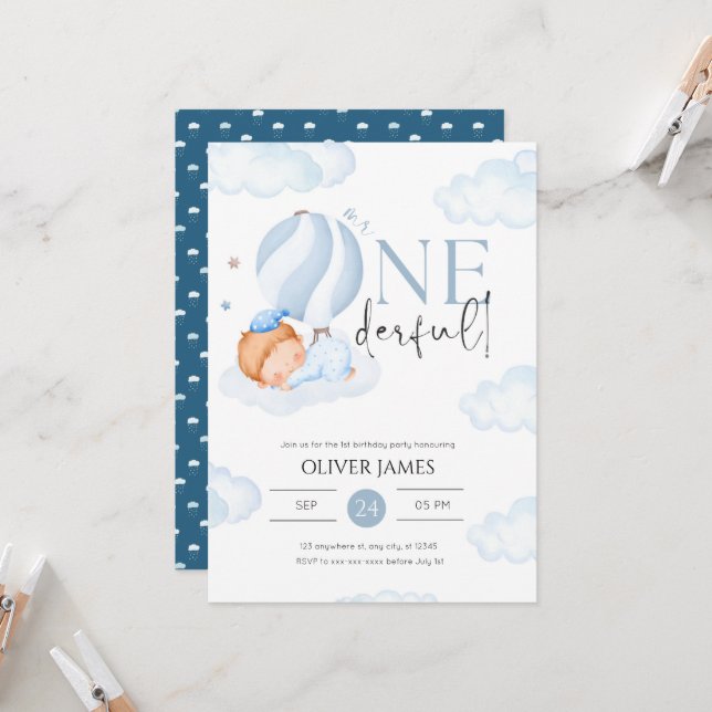 Mr Onederful boy 1st birthday  Invitation (Front/Back In Situ)