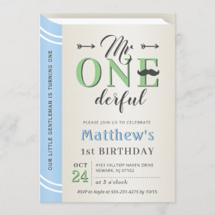 Mr Onederful Boy First 1st Birthday Storybook Book Invitation