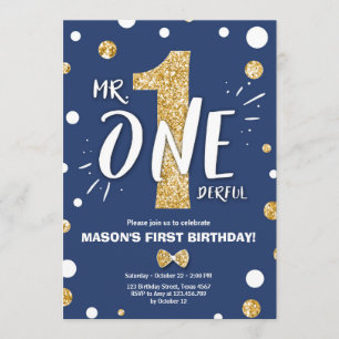 Mr Onederful Boy Royal Blue Gold 1st Birthday Invitation
