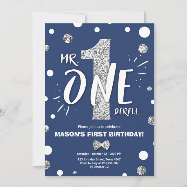Mr Onederful Boy Royal Blue Silver 1st Birthday Invitation (Front)