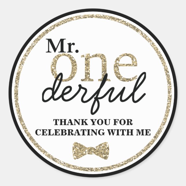 Mr Onederful First Birthday Black and Gold Classic Round Sticker (Front)