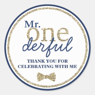 Mr Onederful First Birthday Gold and Blue Classic Round Sticker