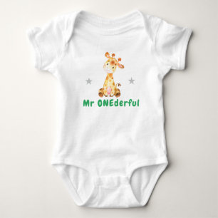 Mr Onederful Giraffe First 1st Birthday Green Boy Baby Bodysuit