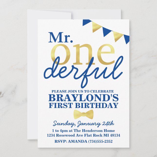 Mr Onederful Gold and Changeable Colour Invitation (Front)