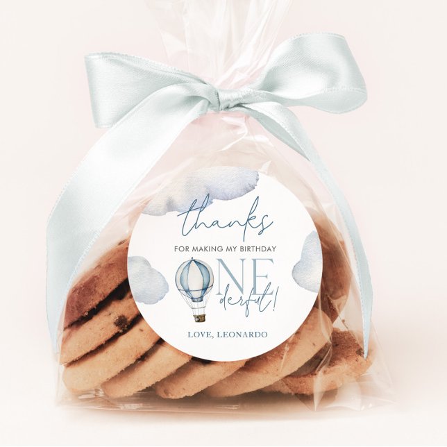 Mr ONEderful Hot Air Ballon Boy 1st Birthday Blue Classic Round Sticker (Mr Onederful Blue Hot Air Balloon | Matching items available.)