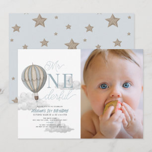 Mr. Onederful Hot Air Balloon 1st Birthday Photo Invitation