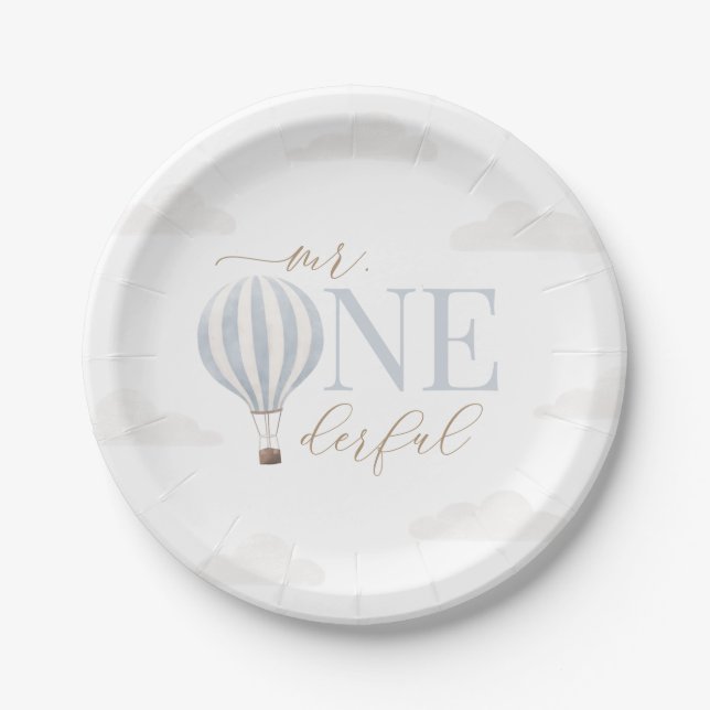 Mr Onederful Hot Air Balloon Birthday Paper Plate (Front)
