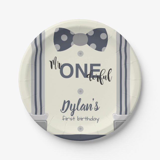 Mr Onederful navy and grey bow tie Paper Plate (Front)