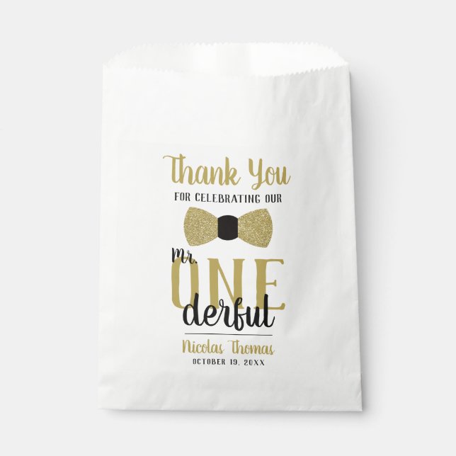 Mr. ONEderful Party Favour Bag, Black, Faux Gold Favour Bags (Front)