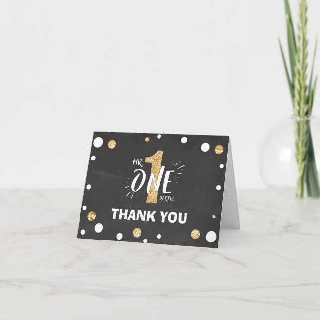 Mr Onederful Party Thank You Card Boy Black Gold (Front)