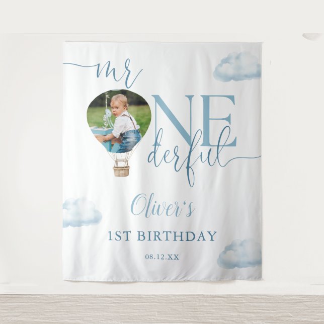 Mr Onederful Photo Balloon 1st Birthday Backdrop Tapestry (Front)