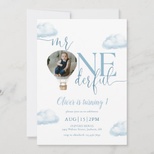 Mr Onederful Photo Hot Air Balloon 1st Birthday Invitation