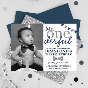 Mr Onederful Photo Invitation, Blue and Silver Invitation