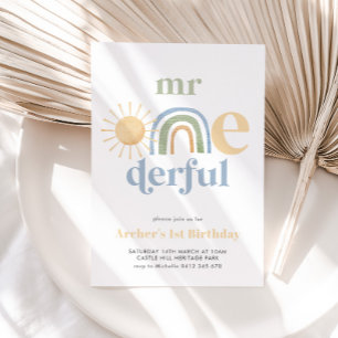 Mr Onederful Sun Rainbow Boys 1st Birthday  Invitation