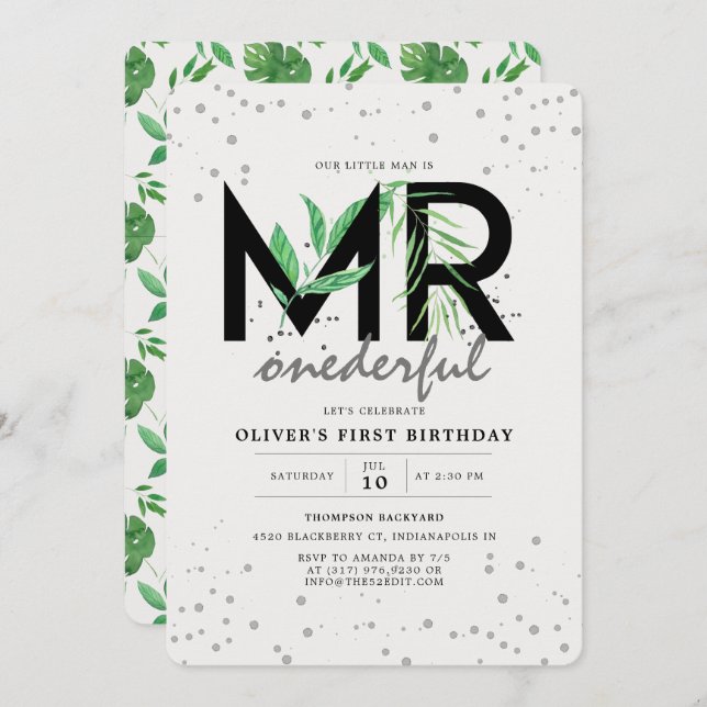 MR Onederful Tropical Greenery Modern 1st Birthday Invitation (Front/Back)
