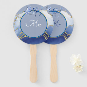 Mr or Mrs Modern Blue Aqua Marble Wedding Game Hand Fan