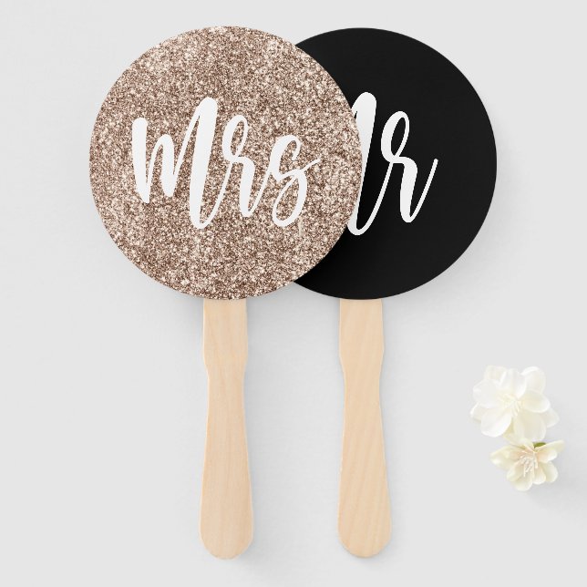 Mr or Mrs Pink Glitter and Black Wedding Game Hand Fan (Front and Back)