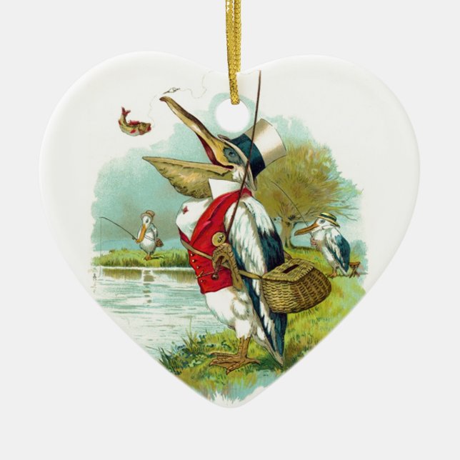 MR PELICAN FISHING HEART CERAMIC TREE DECORATION (Front)