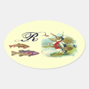 MR PELICAN FISHING MONOGRAM,cream Oval Sticker
