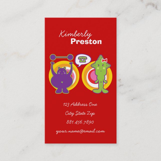 Mr. Purple & Miss Green Cute Cartoon Character Business Card (Front)