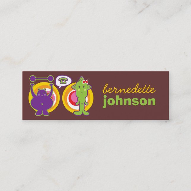 Mr. Purple & Miss Green Cute Cartoon Character Mini Business Card (Front)