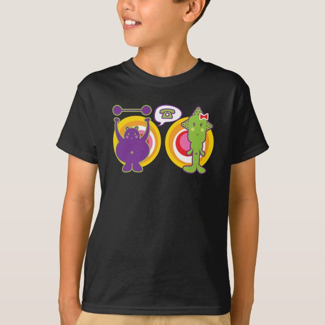 Mr. Purple & Miss Green Cute Cartoon Character T-Shirt (Front)