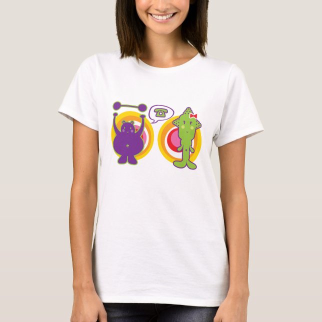 Mr. Purple & Miss Green Cute Cartoon Character T-Shirt (Front)