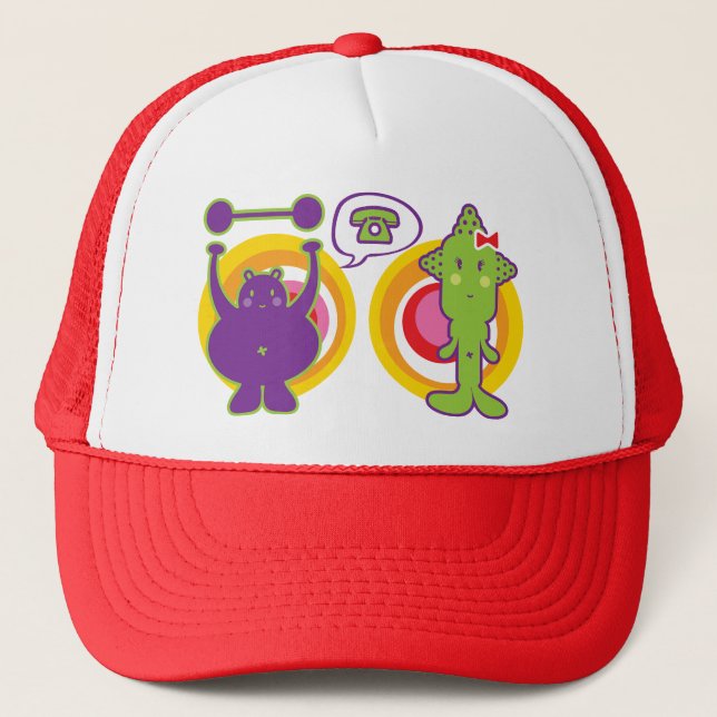 Mr. Purple & Miss Green Cute Cartoon Character Trucker Hat (Front)