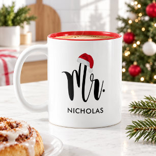 Mr. Red Santa Hat Monogram Holiday Two-Tone Coffee Mug