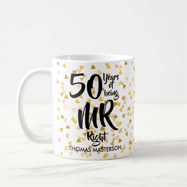 Mr Right 50th Anniversary Gold Hearts Confetti Coffee Mug (Left)