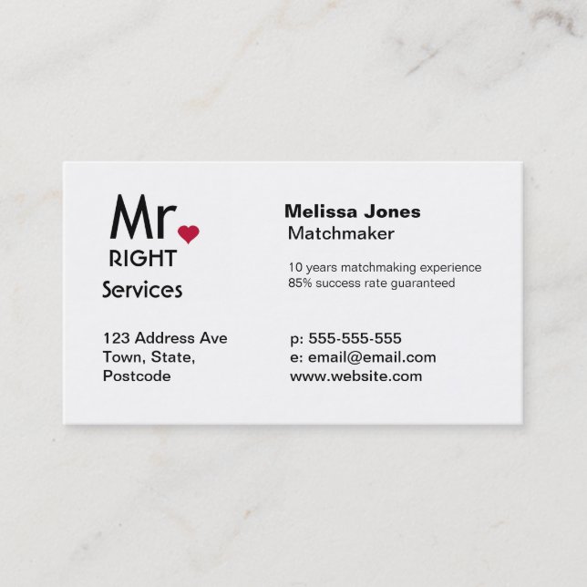 Mr Right Matchmaker dating service business cards (Front)
