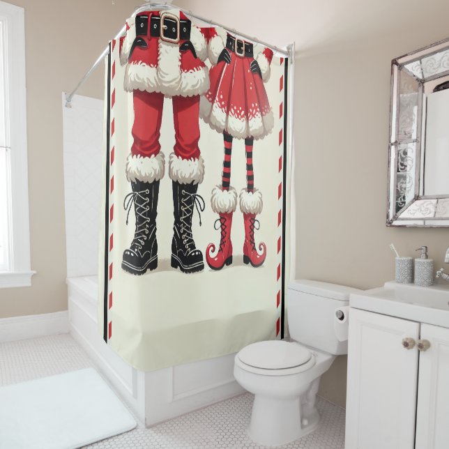 Mr. & Skinny Mrs. Claus Red Black Holiday Shower Curtain (In Situ)